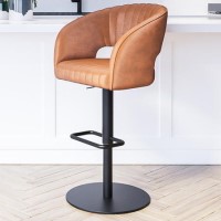 Curved Tan Faux Leather Adjustable Swivel Bar Stool with Back - Runa