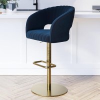 Blue Velvet Adjustable Swivel Bar Stool with Curved Back - Runa