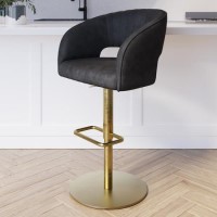 ALMOST PERFECT - Curved Black Faux Leather Adjustable Swivel Bar Stool with Brass Base - Runa