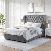 Grey Velvet Double Ottoman Bed with Winged Headboard - Safina