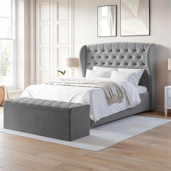 Grey Velvet Double Ottoman Bed with Winged Headboard - Safina