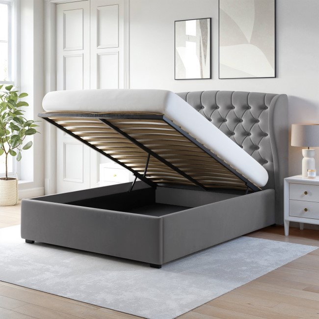 Grey Velvet King Size Ottoman Bed with Winged Headboard - Safina