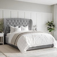 Grey Velvet King Size Ottoman Bed with Winged Headboard - Safina