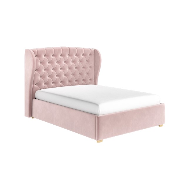 Pink Velvet Double Ottoman Bed with Winged Headboard - Safina