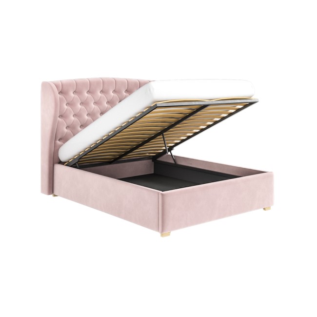 Pink Velvet Double Ottoman Bed with Winged Headboard - Safina