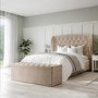 Beige Velvet Double Ottoman Bed with Winged Headboard - Safina