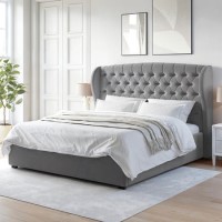 Grey Velvet Super King Ottoman Bed with Winged Headboard - Safina