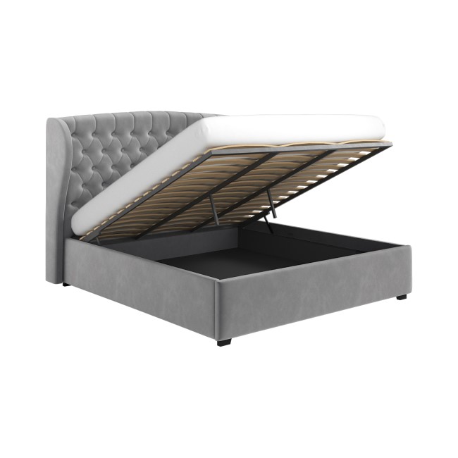 Grey Velvet Super King Ottoman Bed with Winged Headboard - Safina