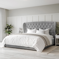 Grey Velvet Super King Ottoman Bed with Winged Headboard - Safina