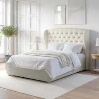 Cream Fabric King Size Ottoman Bed with Winged Headboard - Safina