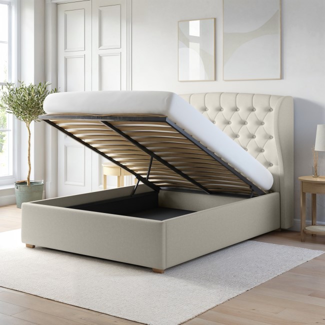 Cream Upholstered King Size Ottoman Bed with Winged Headboard - Safina