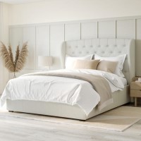 Cream Fabric King Size Ottoman Bed with Winged Headboard - Safina