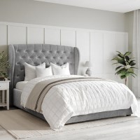 Grey Velvet Small Double Ottoman Bed with Winged Headboard - Safina