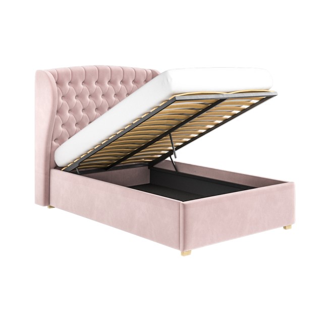 Pink Velvet Small Double Ottoman Bed with Winged Headboard - Safina