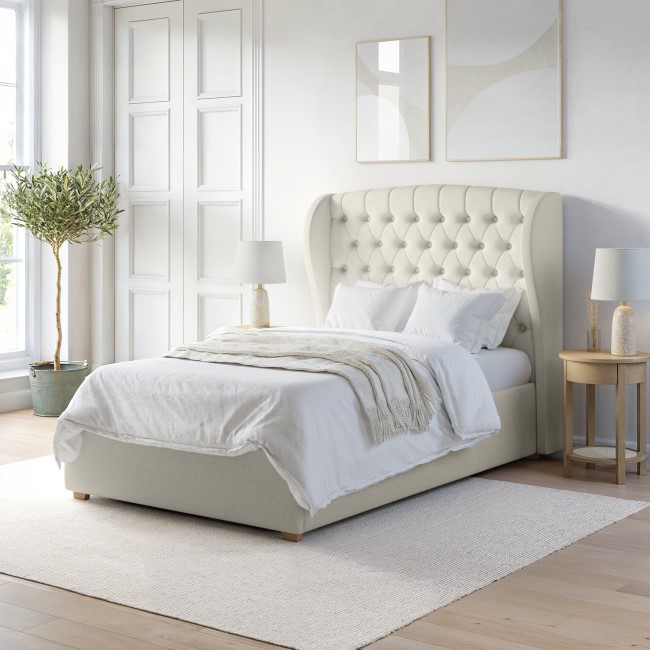 Cream Upholstered Small Double Ottoman Bed with Winged Headboard - Safina