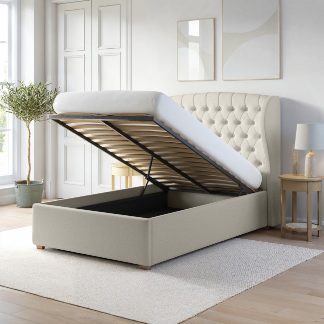 Cream Upholstered Small Double Ottoman Bed with Winged Headboard - Safina