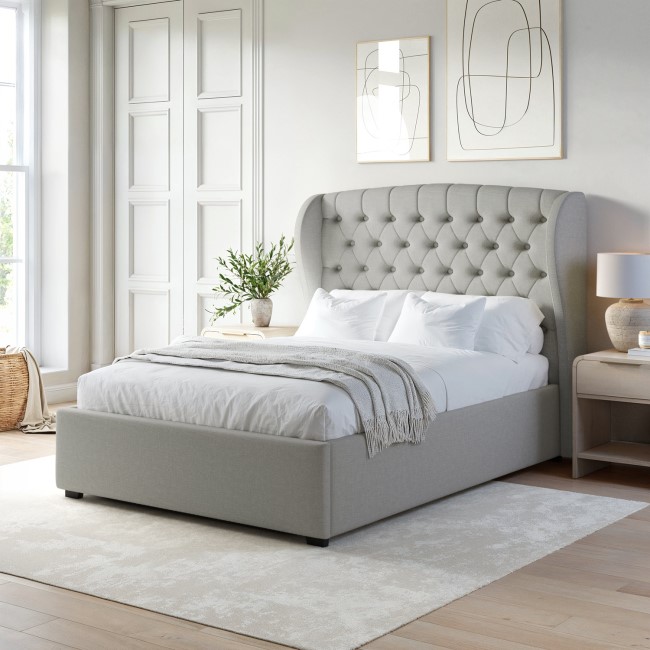 Grey Upholstered Double Ottoman Bed with Winged Headboard - Safina