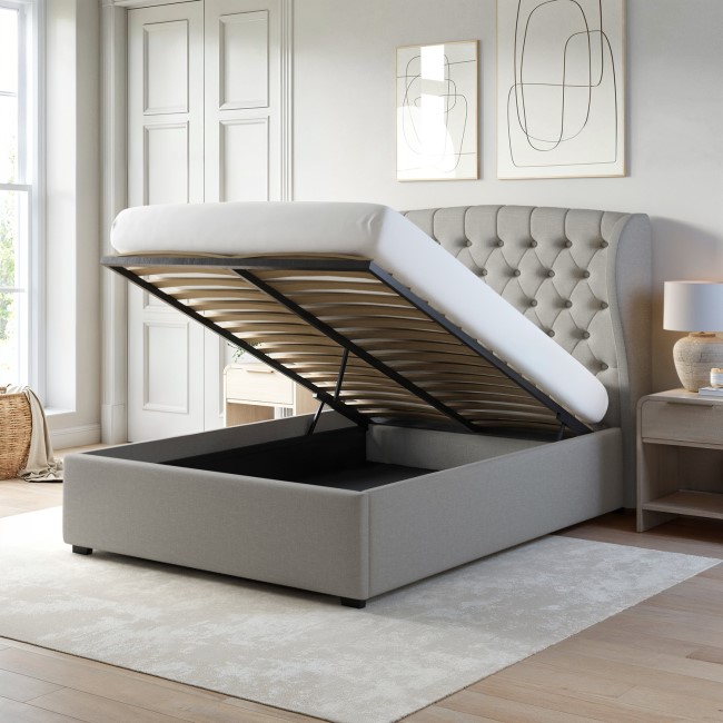 Grey Upholstered Double Ottoman Bed with Winged Headboard - Safina