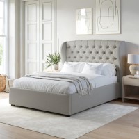 Grey Fabric King Size Ottoman Bed with Winged Headboard - Safina