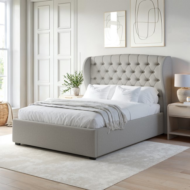 Grey Upholstered King Size Ottoman Bed with Winged Headboard - Safina