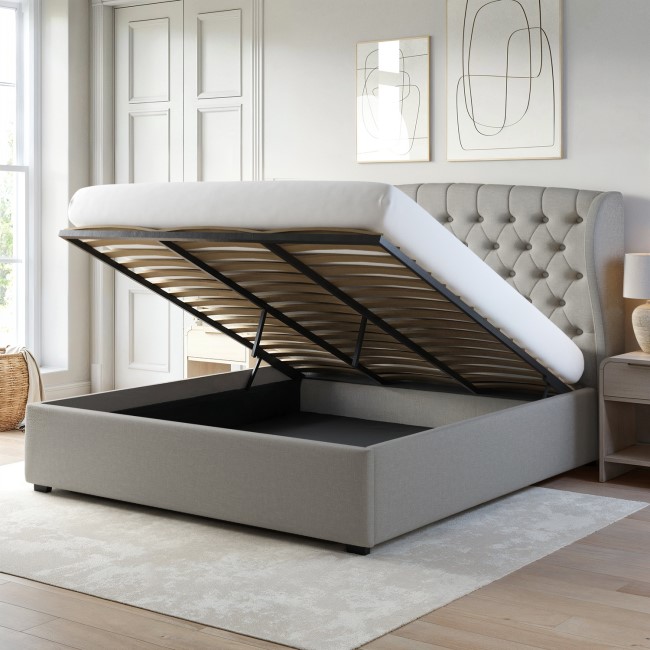 Grey Upholstered Super King Ottoman Bed with Winged Headboard - Safina