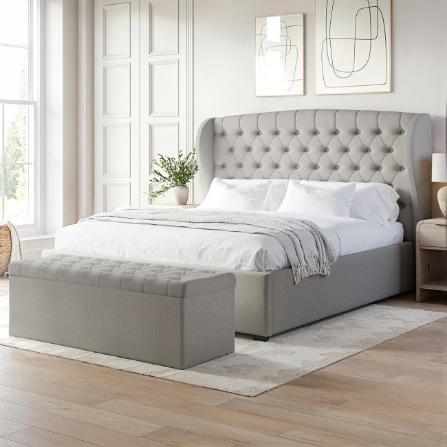 Grey Upholstered Super King Ottoman Bed with Winged Headboard - Safina