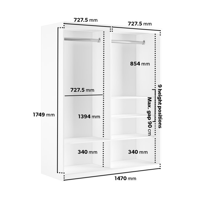 White Mirrored Sliding Door Double Wardrobe with Shelves - Sidney