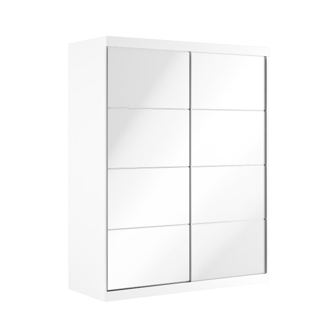 White Mirrored Sliding Door Double Wardrobe with Shelves - Sidney