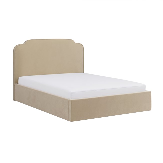 Beige Velvet Double Ottoman Bed with Scalloped Headboard - Siena