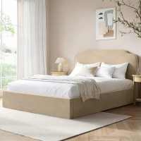 Beige Velvet King Size Ottoman Bed with Scalloped Headboard - Siena