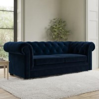 Navy Velvet Chesterfield Pull Out Sofa Bed - Seats 3 - Bronte