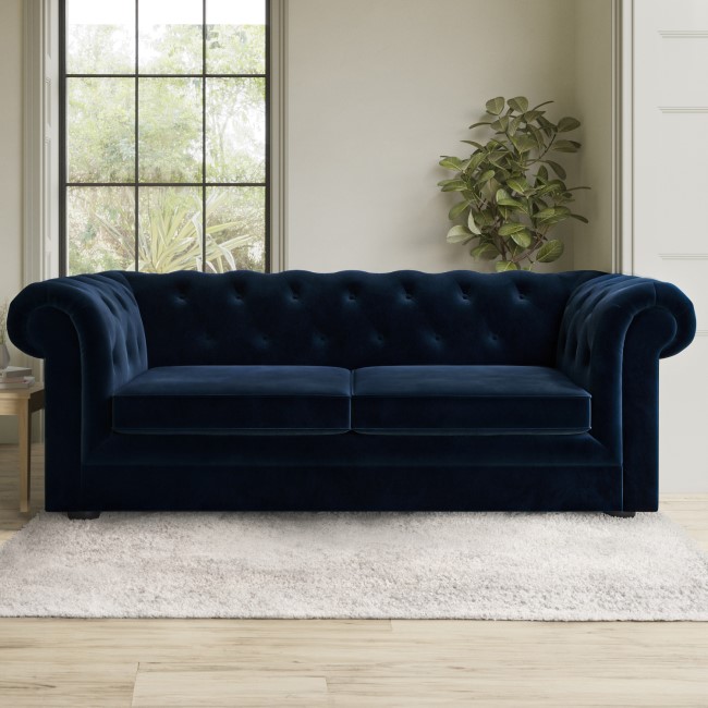 Navy Velvet Chesterfield Pull Out Sofa Bed - Seats 3 - Bronte