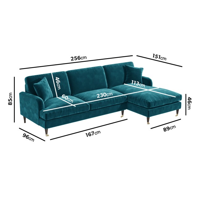 Teal Velvet Right Hand Facing 4 Seater Corner Sofa - Payton