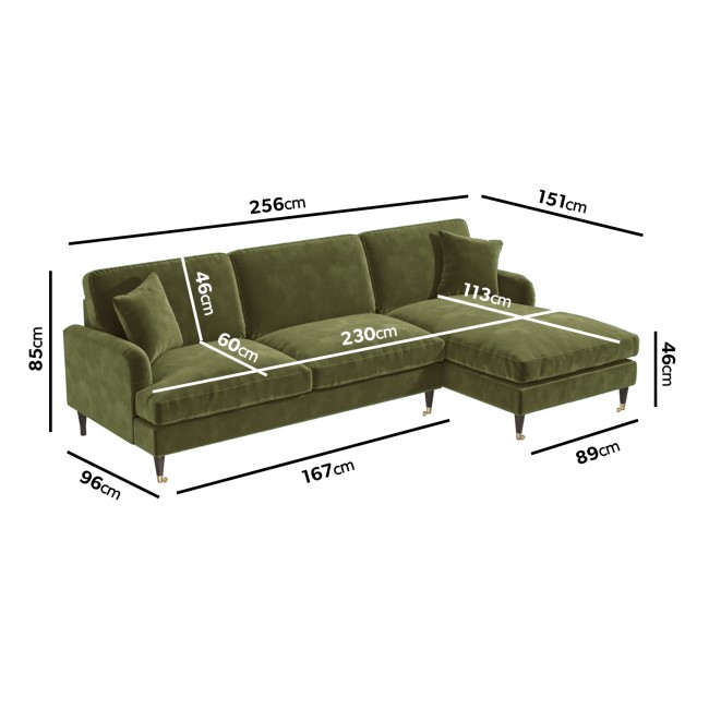 Olive Green Velvet Right Hand 4 Seater Corner Sofa - Payton