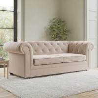 Beige Fabric Chesterfield Pull Out Sofa Bed - Seats 3 - Bronte