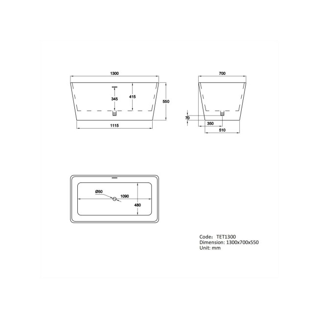 Small Freestanding Double Ended Bath 1300 x 700mm - Tetra