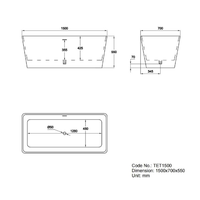 Freestanding Double Ended Bath 1500 x 700mm - Tetra