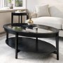 ONLY OPENED - Large Oval Black Wood Coffee Table with Glass Top - Toula