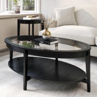 ONLY OPENED - Large Oval Black Wood Coffee Table with Glass Top - Toula