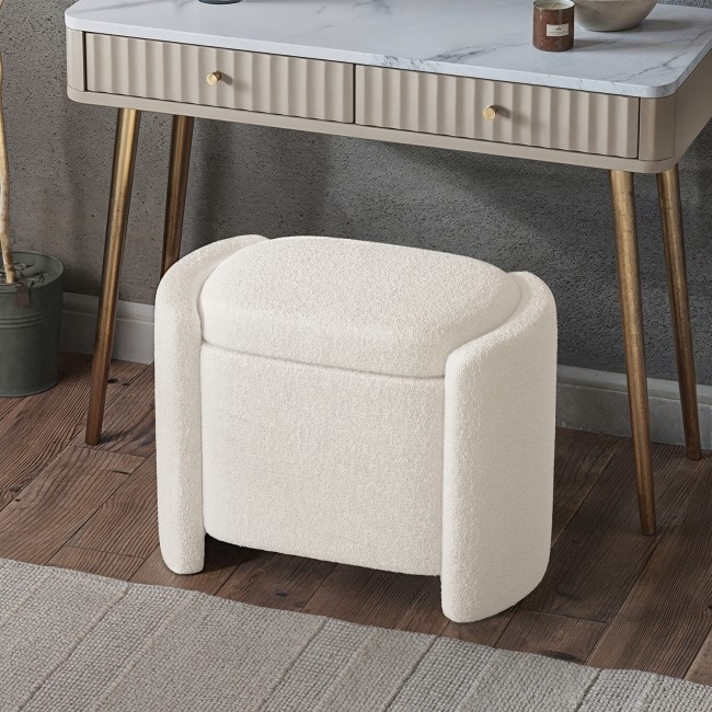 Off-White Boucle Dressing Table Stool with Ottoman Storage - Taryn