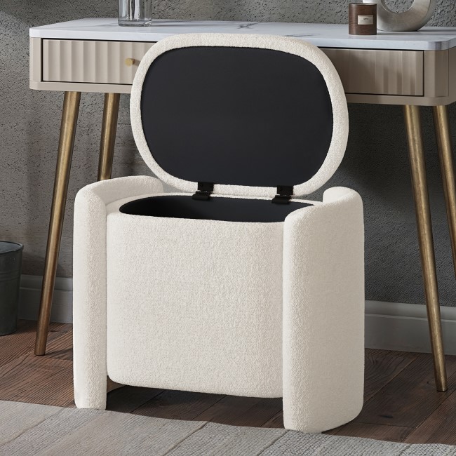 Off-White Boucle Dressing Table Stool with Ottoman Storage - Taryn