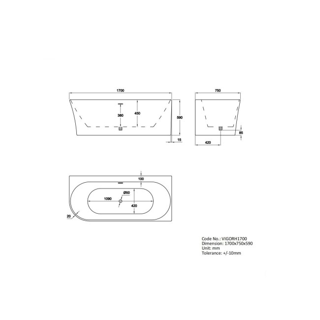 Freestanding Double Ended Right Hand Corner Bath 1700 x 750mm - Vigo