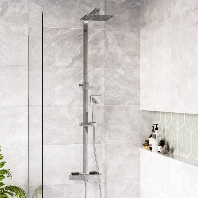 Chrome Square Thermostatic Bar Mixer Shower Set with Slide Rail Kit & Hand Shower - Vira