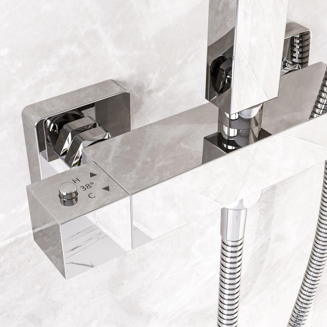 Chrome Square Thermostatic Bar Mixer Shower Set with Slide Rail Kit & Hand Shower - Vira