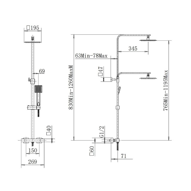 Chrome Square Thermostatic Bar Mixer Shower Set with Slide Rail Kit & Hand Shower - Vira