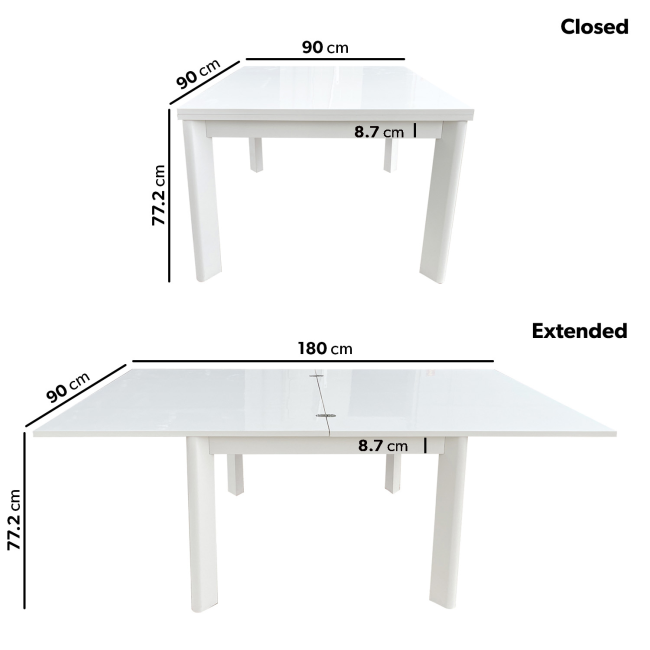 Small White Gloss Square Extendable Dining Table - Seats 2 - 6 - Vivienne