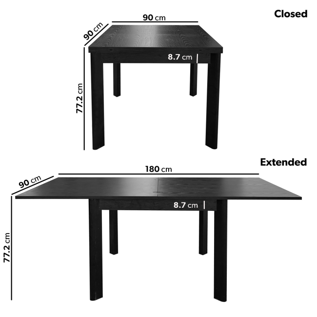 Small Black Wooden Square Extendable Dining Table - Seats 2 - 6 - Vivienne