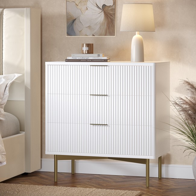 High Gloss White and Gold Chest of 3 Drawers - Valencia