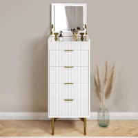 Tall Narrow White High Gloss Chest of 5 Drawers with Mirror - Valencia