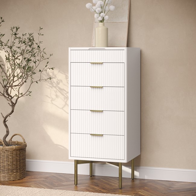 Tall Narrow White High Gloss Chest of 5 Drawers with Mirror - Valencia